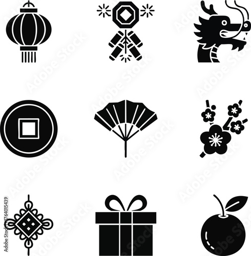 Chinese New Year icons in black glyph style, featuring dragon, lantern, gift and other traditional elements