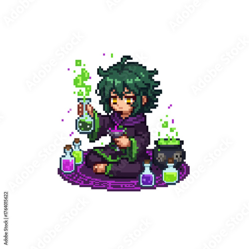 pixel art poison mage brewing potion toxic spell
