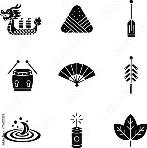 Collection of black glyphs representing traditional Chinese Dragon Boat Festival elements