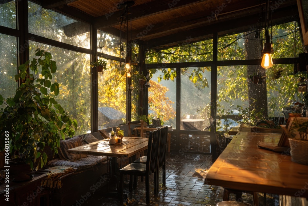 Fototapeta premium cozy café near forest after rain, misty air and gentle sunbeam through window