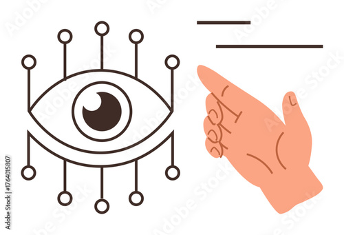 Eye linked to nodes signifying vision, communication, technology. Hand symbolizing gesture, access, or action. Ideal for privacy, innovation, AI futuristic tech creativity security simple flat