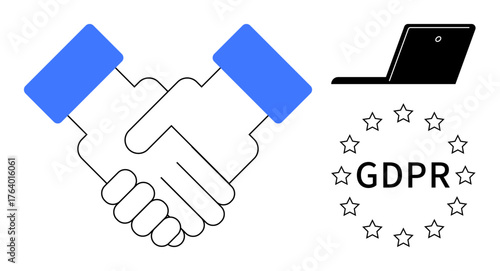 Handshake symbolizing partnership, laptop emphasizing digital data, GDPR circle with stars. Ideal for privacy compliance, business contracts, trust, security, data protection, regulation scalable