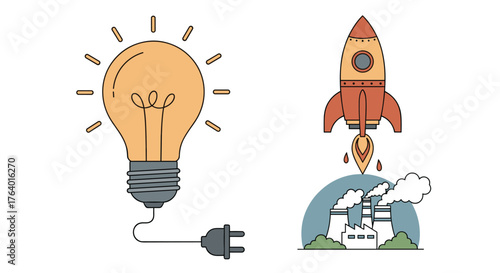 Bright idea with a glowing light bulb and a rocket launching a house into space