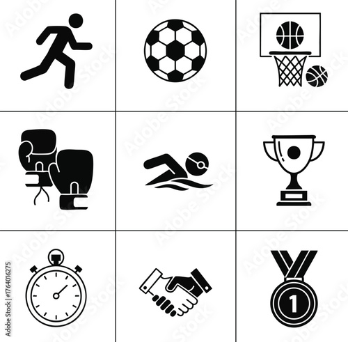 Dynamic black and white vector icons for sports and competition. Featuring athletic activities, equipment, and awards