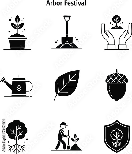 Flat black glyph icons for Arbor Day. Depicts tree planting, gardening, saplings, leaves, and protected trees