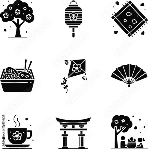 Flat black icons depicting Japanese culture and spring cherry blossom season. Includes a torii gate, ramen, tea, fan, and a picnic