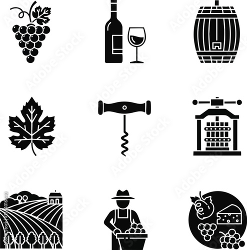 Flat black silhouette icons illustrating the wine production process and related elements