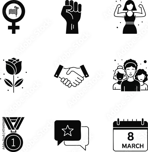 Flat icons for International Women's Day. Features symbols of female empowerment, strength, and unity. Ideal for social media campaigns