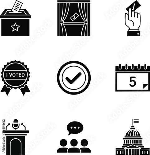 Flat glyph icons depicting essential elements of elections and democracy. Features ballot box, voting booth, 'I Voted' badge, and Capitol