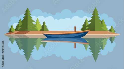 A canoe gliding silently across a calm river with reflection of trees mirrored on the waters surface.