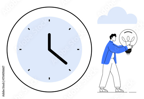 Large clock highlights time concept while person interacts with bright light bulb. Ideal for productivity, innovation, ideas, planning, efficiency, time-saving, creativity. Simple flat metaphor