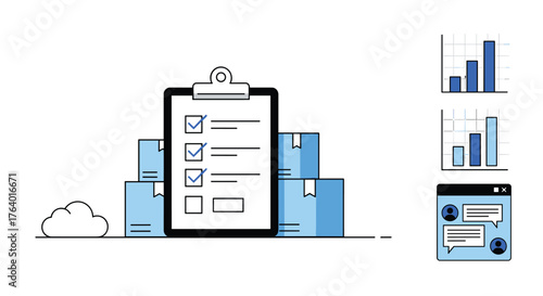 Business productivity checklist and analytics data with cloud storage solutions