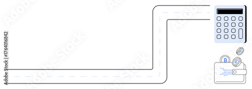 Curved roadway leading to calculator and wallet with crypto coins suggests financial planning, digital economy, and decision-making. Ideal for finance, budgeting, cryptocurrency, savings, technology