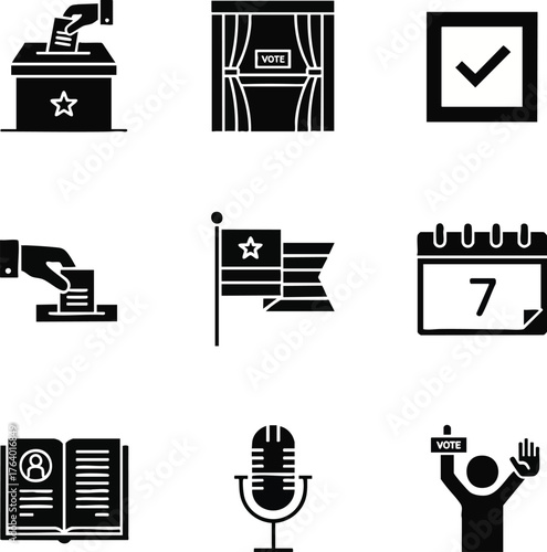 Icons depicting voting, elections, and democracy in black and white