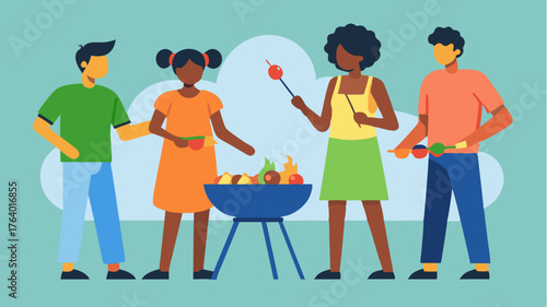 Two families setting up a large outdoor grill with skewers of vegetables and marinated meats ready to sizzle.