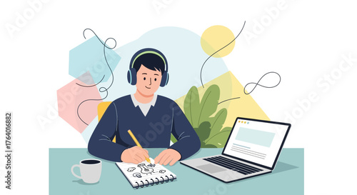 Creative Individual Working On The Laptop And Sketching While Listening To Music