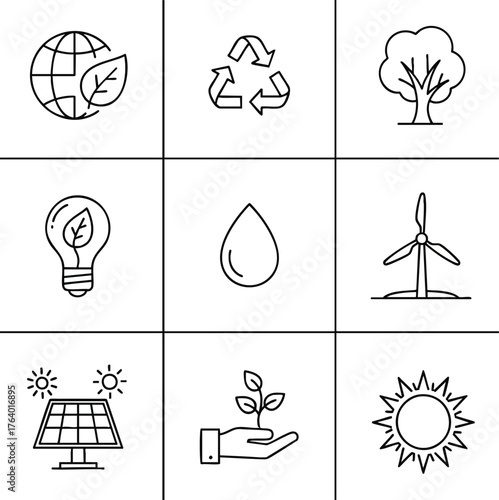 Illustration of eco and green energy thin line icons in a grid, showcasing renewable energy, sustainability, and environmentally friendly concepts