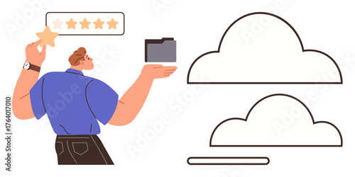 Person holding a folder and placing a star in a five-star rating interface, emphasizing cloud services. Ideal for digital storage, data management, user feedback, customer reviews, service ratings