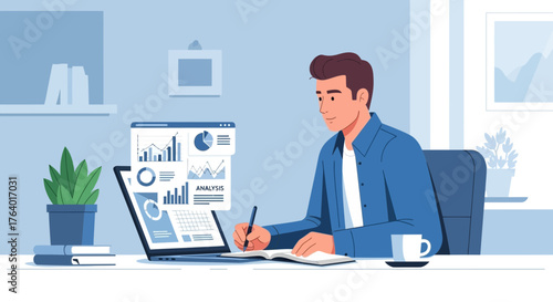 Data Analysis At Home, A Man Studying Charts And Working From His Office Desk