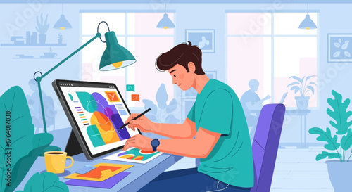 Designer Crafting Digital Art on Tablet Creating Modern Designs and Innovative Concepts