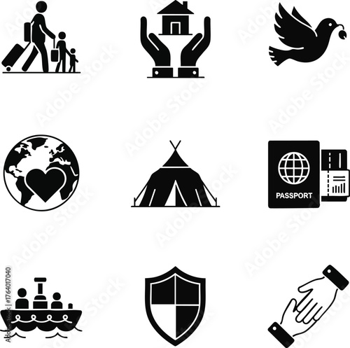 Illustrations depict social issues like refugees, immigration, shelter, displacement, and humanitarian aid