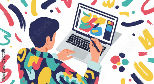 Digital Artist Creating Vibrant Artworks on a Laptop Displaying Colorful Abstract Design