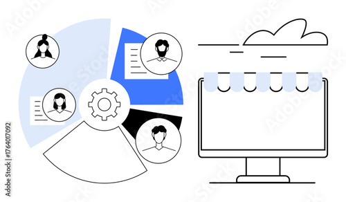 Gear and pie chart with team profiles linked, documents, and cloud-connected screen. Ideal for collaboration, remote work, automation, business processes, team management, data sharing simple flat