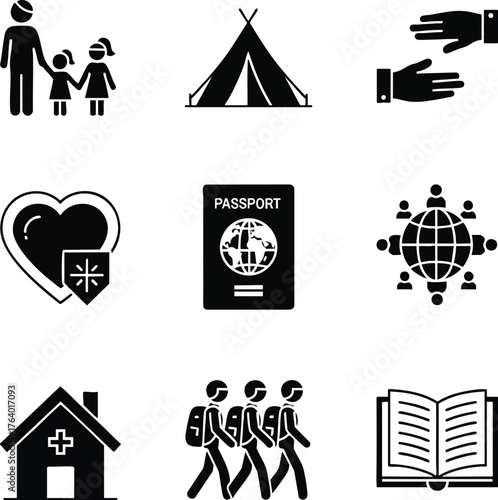 Illustrative vector icons: family, travel, security, help, and education