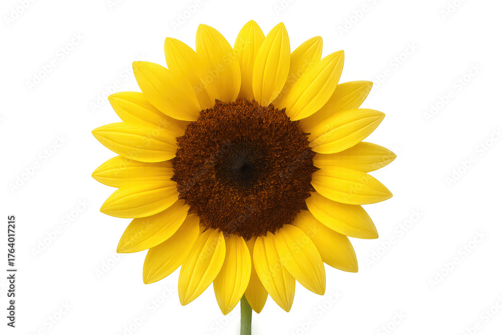 Fototapeta premium Blooming sunflower with bright yellow petals and brown center on transparent background representing summer and nature