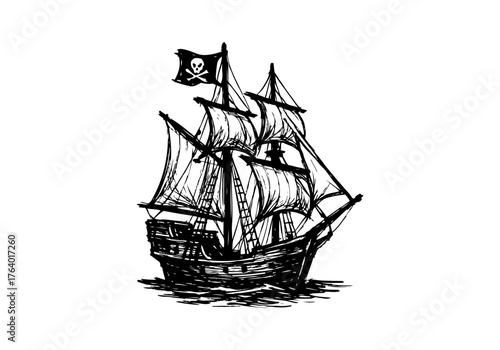 Pirate ship hand drawn simple sketch vector illustration