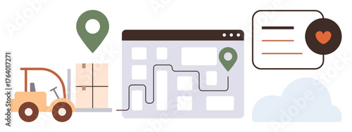 Forklift moving goods, route line tracing locations, an interface with a heart icon, and a cloud. Ideal for delivery, logistics, navigation, technology, warehouse management shipping and tracking