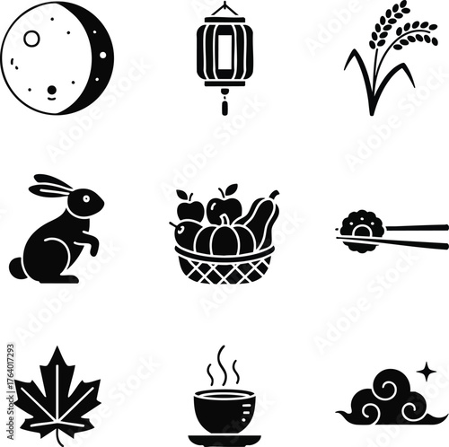 Mid-Autumn Festival icons: mooncake, lantern, rabbit, harvest, and more
