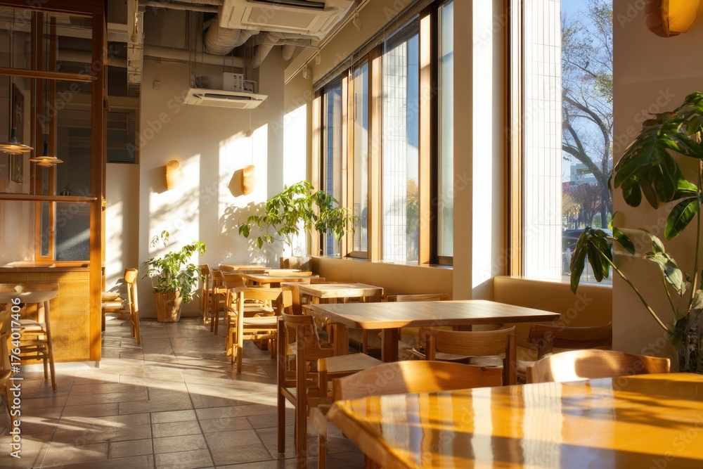 Obraz premium cozy café interior with wooden tables, warm sunlight and calm minimal design
