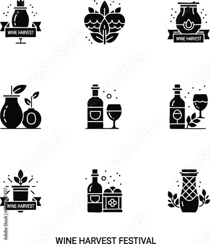 Modern black glyph icons for wine harvest and festival. Features wine bottles, glasses, grapes, and traditional elements celebrating viticulture