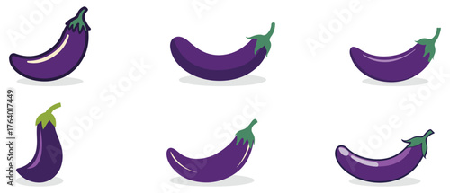 a purple eggplant icon with a green top on a light background design.