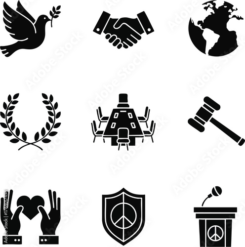Modern black silhouette vector icons for peace, justice, and global cooperation. Features a dove, handshake, globe, gavel, and meeting table