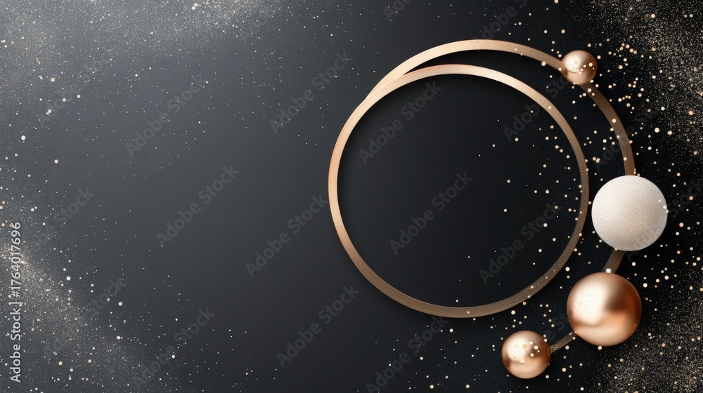 Fototapeta premium Festive design with sparkling balls and geometric shapes on a dark starry background