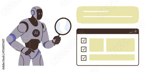 Robot labeled AI holding a magnifying glass, inspecting a checklist on a browser-thumbs up interface. Ideal for technology, analysis, efficiency, inspection, automation, research innovation. Simple