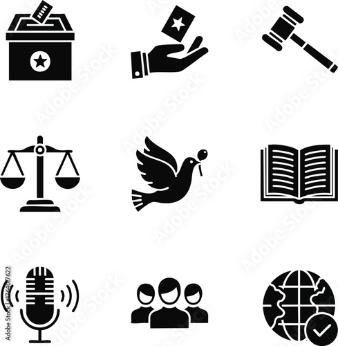 Montage of vector icons representing peace, justice, voting, speech, law, and community