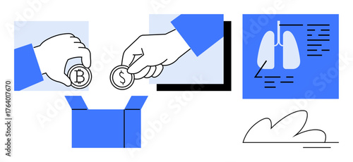 Hands placing coins marked as bitcoin and dollar into a donation box alongside a diagram of human lungs. Ideal for charity, healthcare, funding, donations, digital money, technology, simple flat