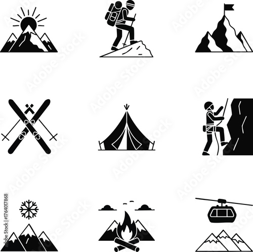 Outdoor adventure icon set with black silhouettes. Features hiking, skiing, climbing, camping, mountains, and gondola