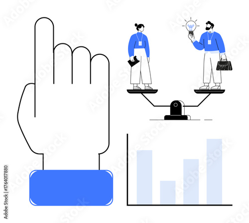 Foregrounded hand gesture points to balanced scales with two professionals, one holding a briefcase and lightbulb, another with documents. Growing bar graph emphasizes progression. Ideal