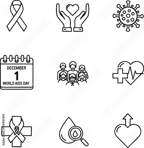Outline vector icons for medical awareness, public health, and support. Includes HIV/AIDS ribbon, virus, World AIDS Day, community, and diagnostics