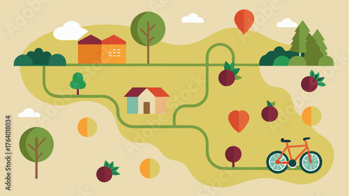 A rustic countryside map showing biking trails through vineyards and orchards with decorative s of grapes and fruit icons.