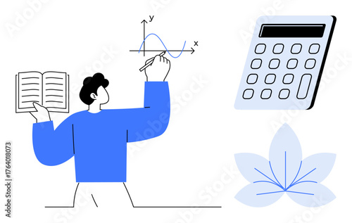 Person studying math, holding open book, sketching graph calculator nearby. Ideal for education, learning, mathematics, problem solving, tutoring calculation science. Clean and simple flat metaphor
