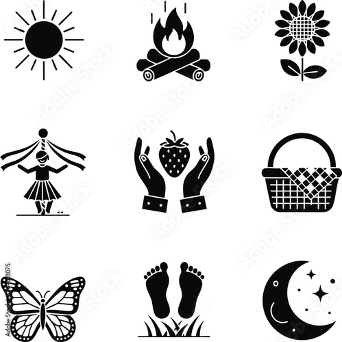 Set of black glyph icons for summer and nature. Includes sun, campfire, sunflower, maypole, strawberry, picnic, butterfly, feet, and moon