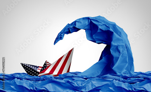 Fotografie US Crisis Concept and American financial emergency or United States economic storm as a giant wave  representing risk and stock market danger