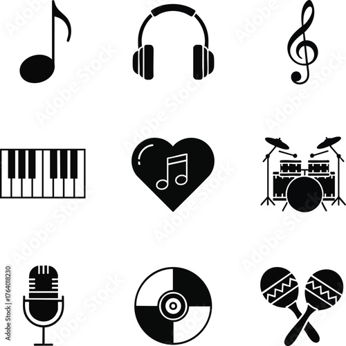 Set of nine music icons. Includes notes, headphones, piano, drum kit, heart with notes, microphone, CD, and maracas