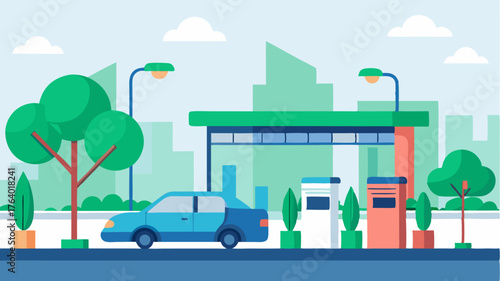 An electric vehicle charging station in a busy urban plaza surrounded by trees and planters promoting clean transportation.