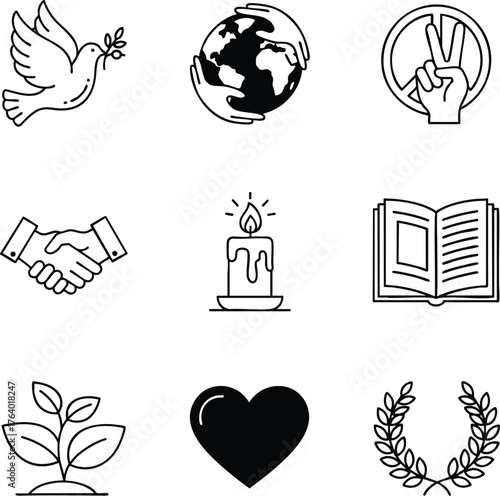 Set of vector icons representing peace, love, and unity. Includes a dove, earth, peace sign, handshake, candle, book, sprout, heart, and wreath
